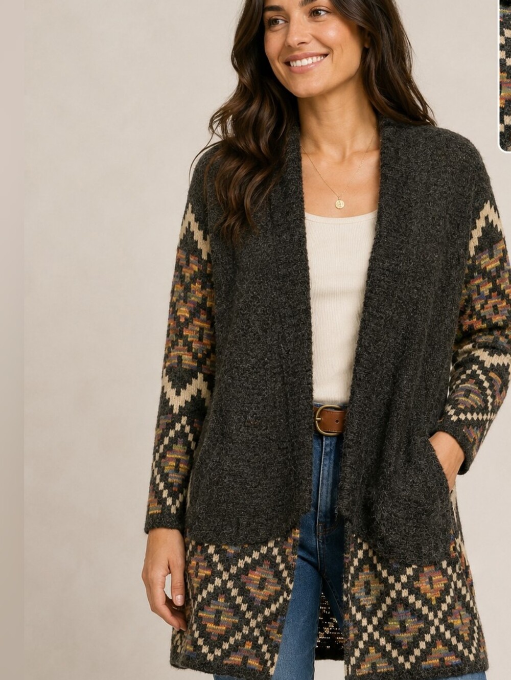 Kamana Aztec Tribal Open Front Cardigan Sweater Women's Medium Boho Southwestern